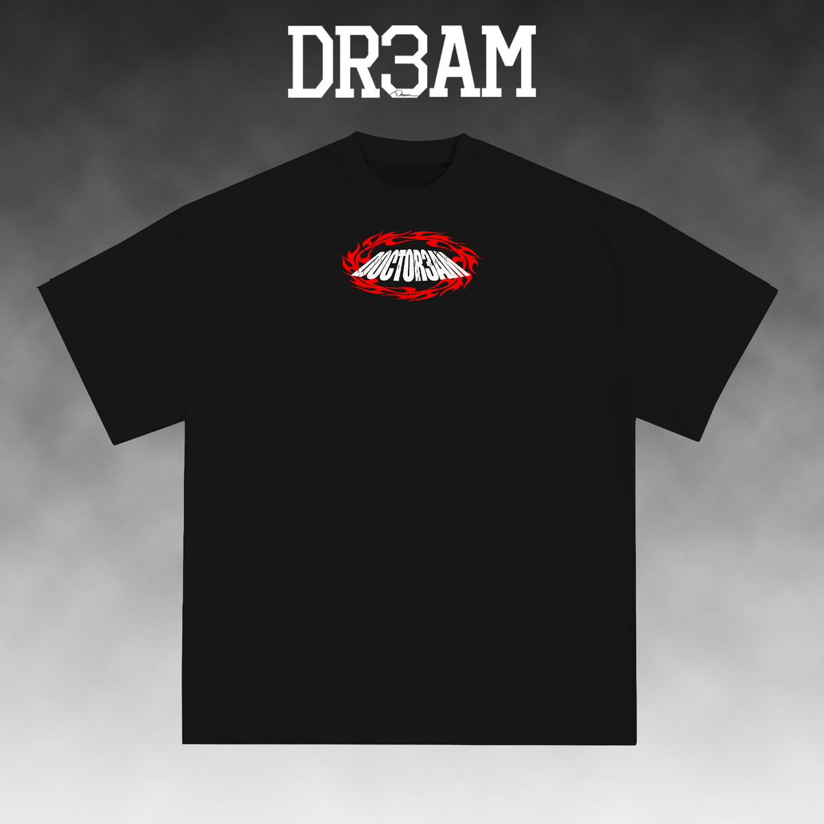 A black short-sleeve t-shirt with a red and white circular flame logo on the chest, displayed against a gray gradient background with the text 'DR3AM' in white at the top.