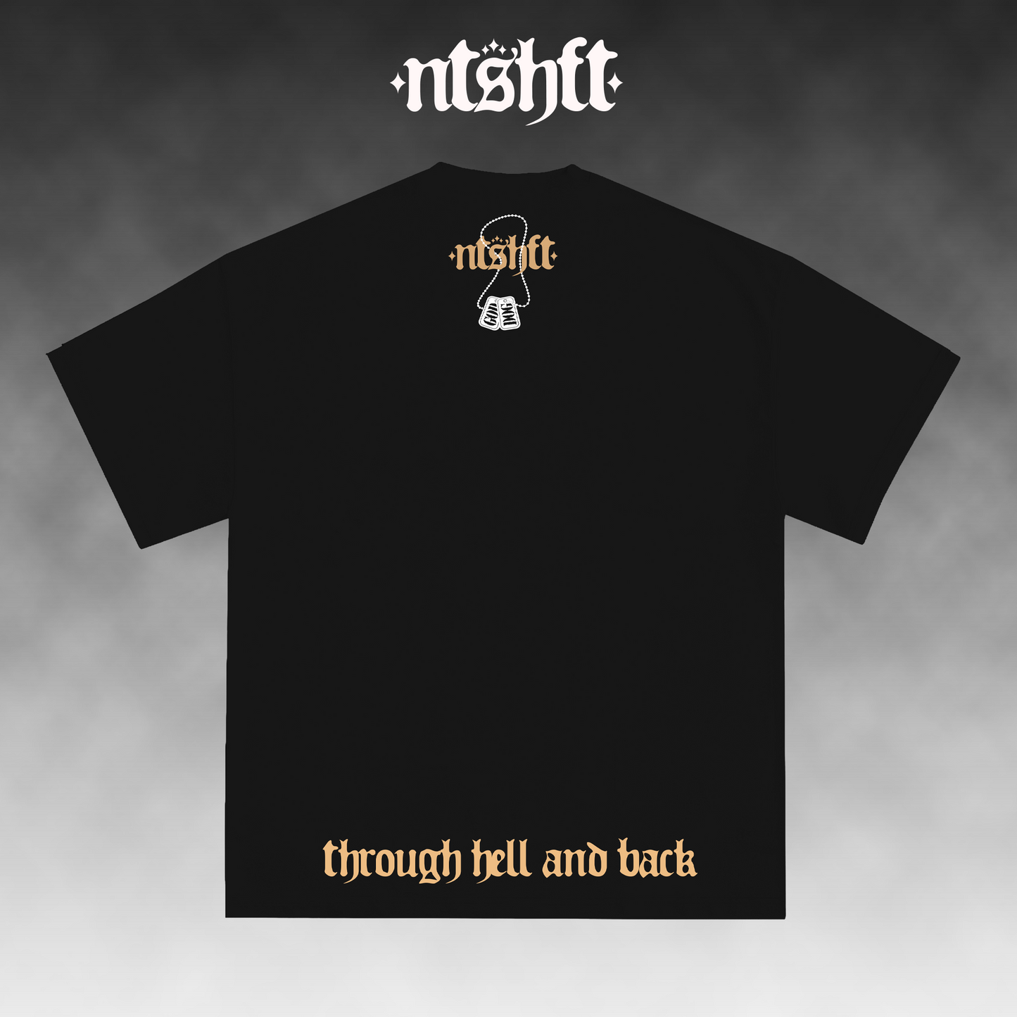 Black short-sleeve t-shirt shown from the back on a smoky gray gradient background. The shirt features a small white graphic and the word 'ntshft' in orange-gold near the upper back, with the phrase 'through hell and back' printed in the same orange-gold font near the lower hem.